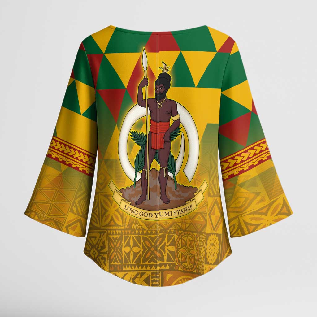 Melanesian Vanuatu Kimono Sleeve Blouse With Tapa Tribal Pattern and Triangle Geometric Tricolor LT03 - Polynesian Pride
