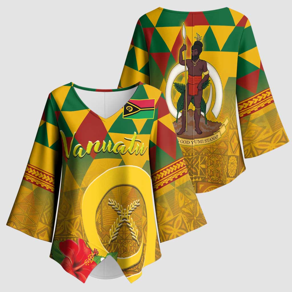 Melanesian Vanuatu Kimono Sleeve Blouse With Tapa Tribal Pattern and Triangle Geometric Tricolor LT03 - Polynesian Pride