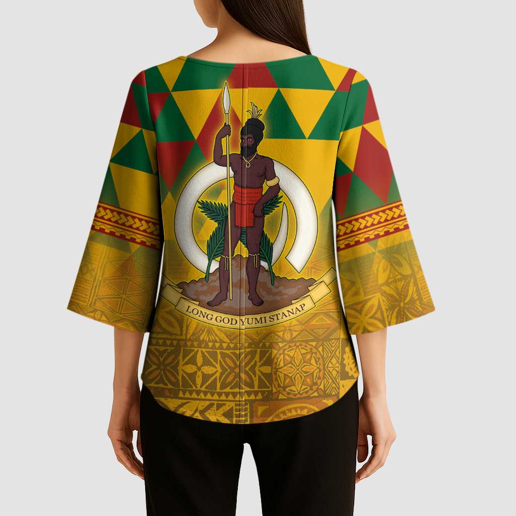 Melanesian Vanuatu Kimono Sleeve Blouse With Tapa Tribal Pattern and Triangle Geometric Tricolor LT03 - Polynesian Pride