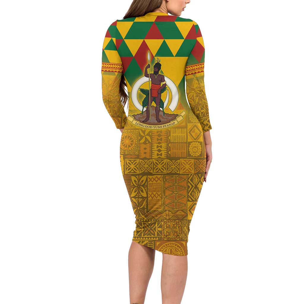 Melanesian Vanuatu Long Sleeve Bodycon Dress With Tapa Tribal Pattern and Triangle Geometric Tricolor - Polynesian Pride
