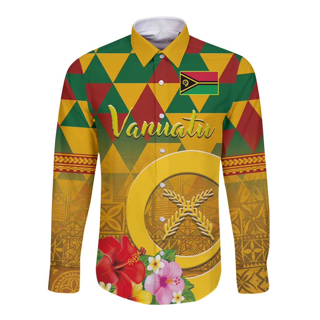 Melanesian Vanuatu Long Sleeve Button Shirt With Tapa Tribal Pattern and Triangle Geometric Tricolor LT03 Unisex Yellow - Polynesian Pride