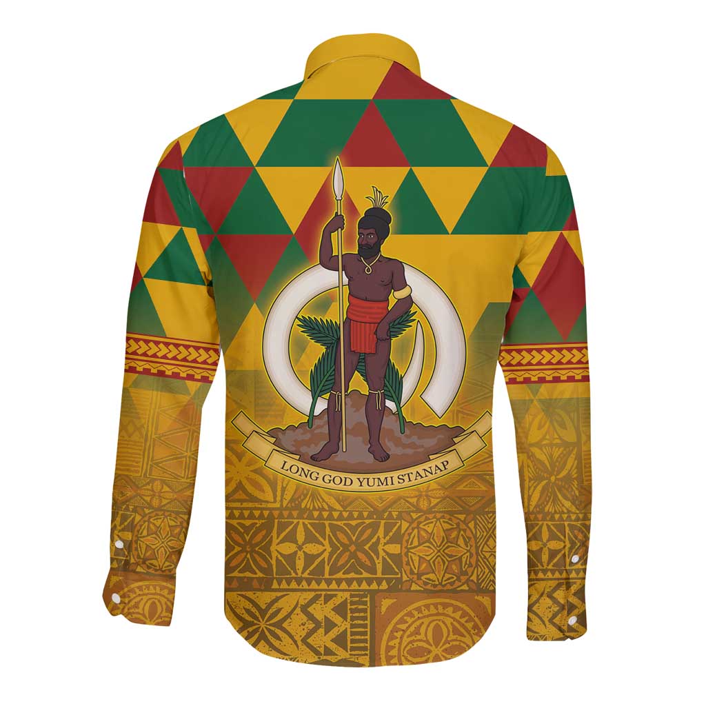 Melanesian Vanuatu Long Sleeve Button Shirt With Tapa Tribal Pattern and Triangle Geometric Tricolor LT03 - Polynesian Pride
