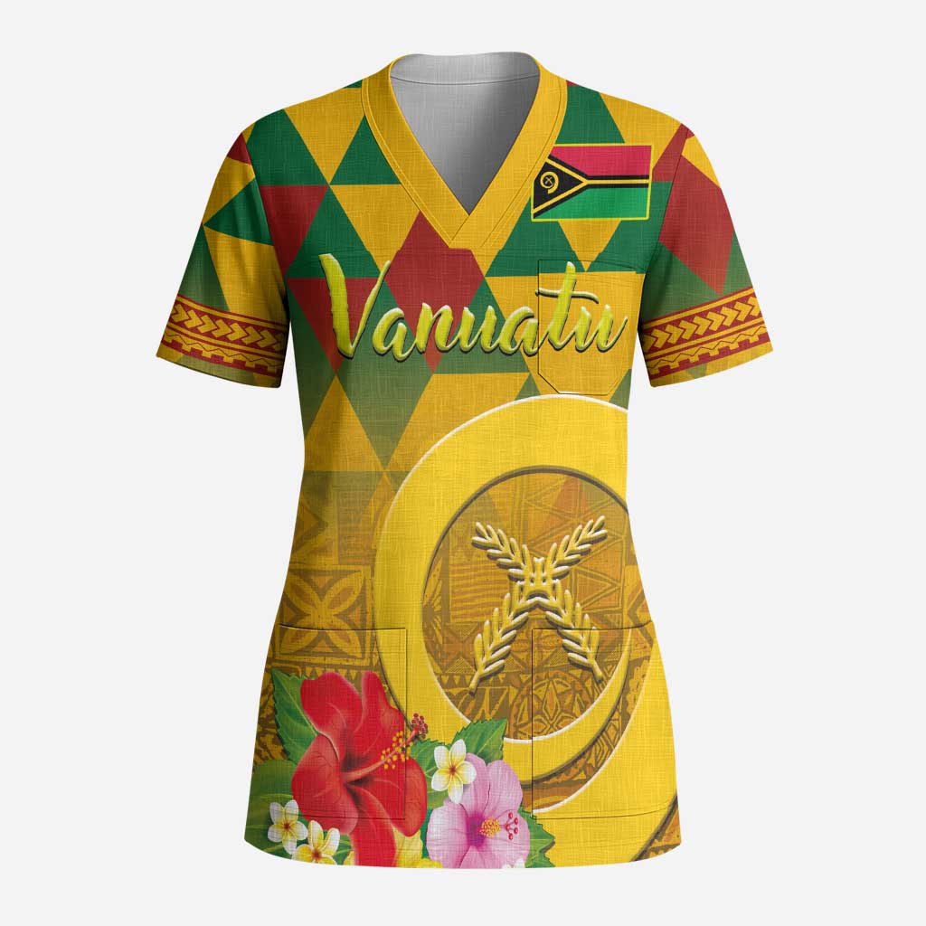 Melanesian Vanuatu Scrub Top With Tapa Tribal Pattern and Triangle Geometric Tricolor LT03 Adult Yellow - Polynesian Pride