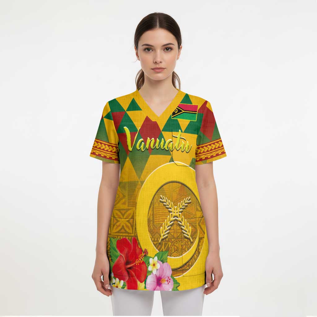 Melanesian Vanuatu Scrub Top With Tapa Tribal Pattern and Triangle Geometric Tricolor LT03 - Polynesian Pride