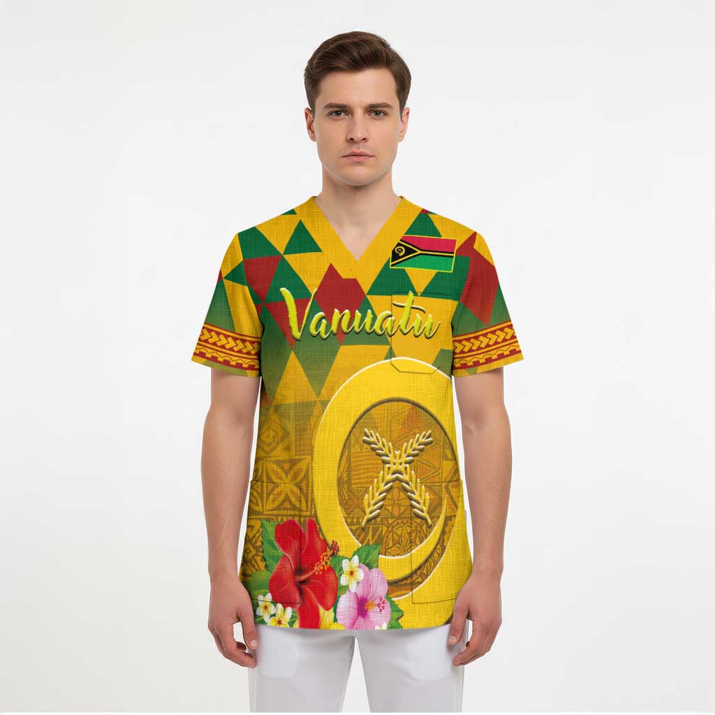 Melanesian Vanuatu Scrub Top With Tapa Tribal Pattern and Triangle Geometric Tricolor LT03 - Polynesian Pride