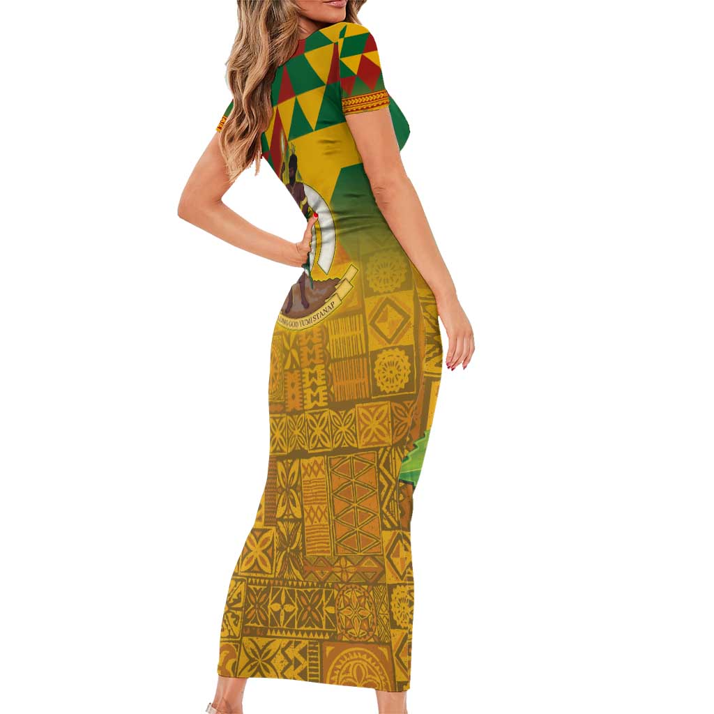 Melanesian Vanuatu Short Sleeve Bodycon Dress With Tapa Tribal Pattern and Triangle Geometric Tricolor - Polynesian Pride