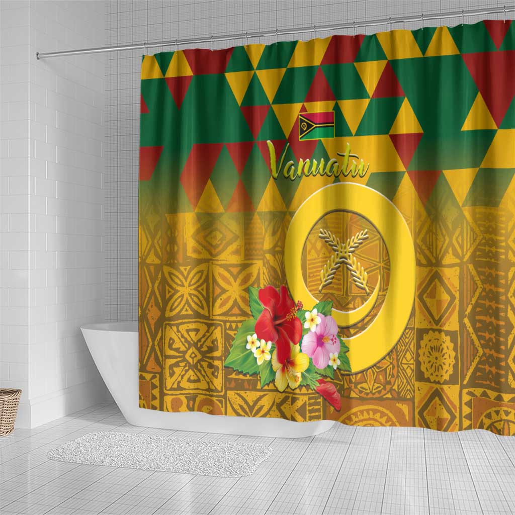 Melanesian Vanuatu Shower Curtain With Tapa Tribal Pattern and Triangle Geometric Tricolor - Polynesian Pride