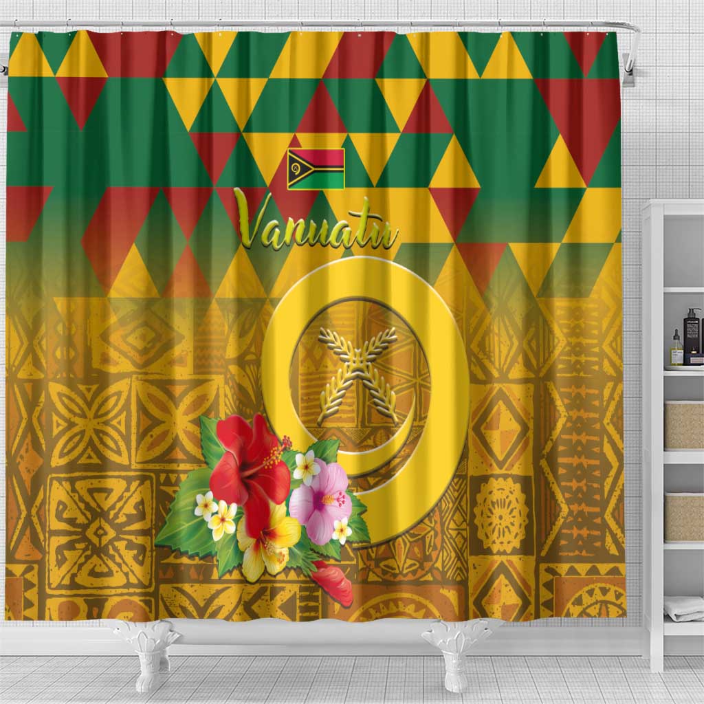 Melanesian Vanuatu Shower Curtain With Tapa Tribal Pattern and Triangle Geometric Tricolor - Polynesian Pride