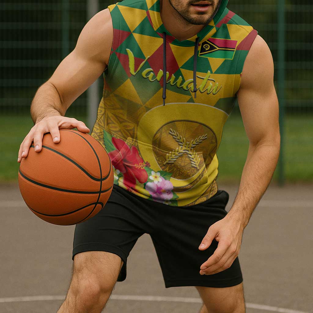 Melanesian Vanuatu Sleeveless Hoodie With Tapa Tribal Pattern and Triangle Geometric Tricolor - Polynesian Pride