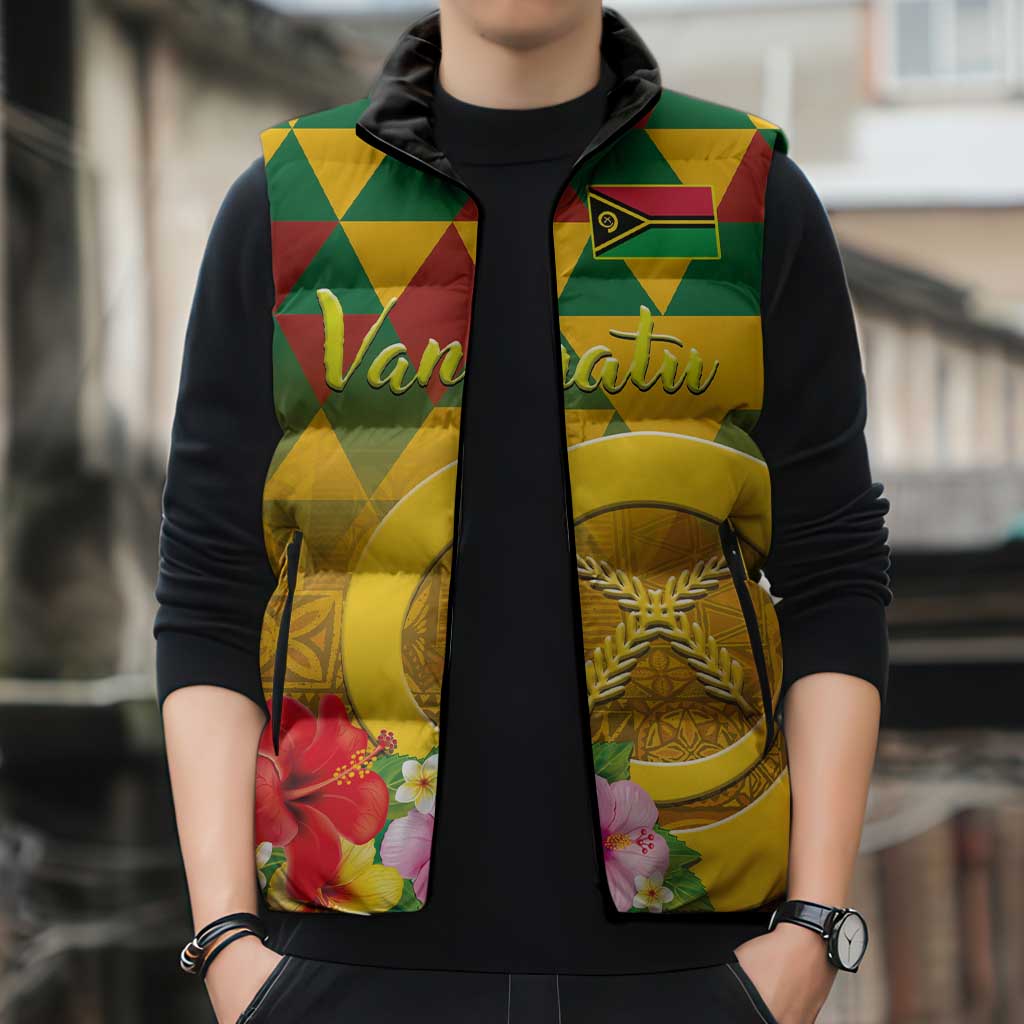 Melanesian Vanuatu Sleeveless Puffer Jacket With Tapa Tribal Pattern and Triangle Geometric Tricolor LT03 - Polynesian Pride