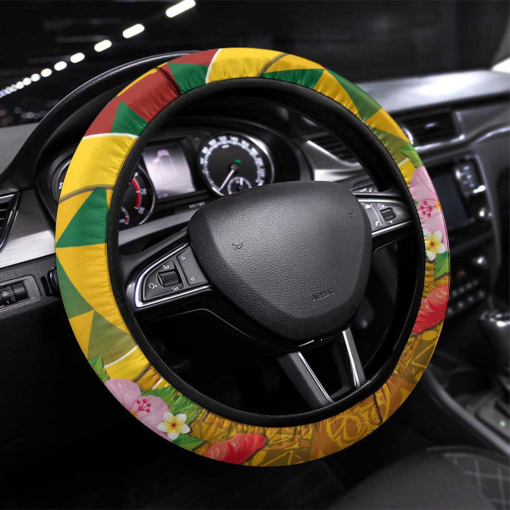 Melanesian Vanuatu Steering Wheel Cover With Tapa Tribal Pattern and Triangle Geometric Tricolor LT03 Universal Fit Yellow - Polynesian Pride