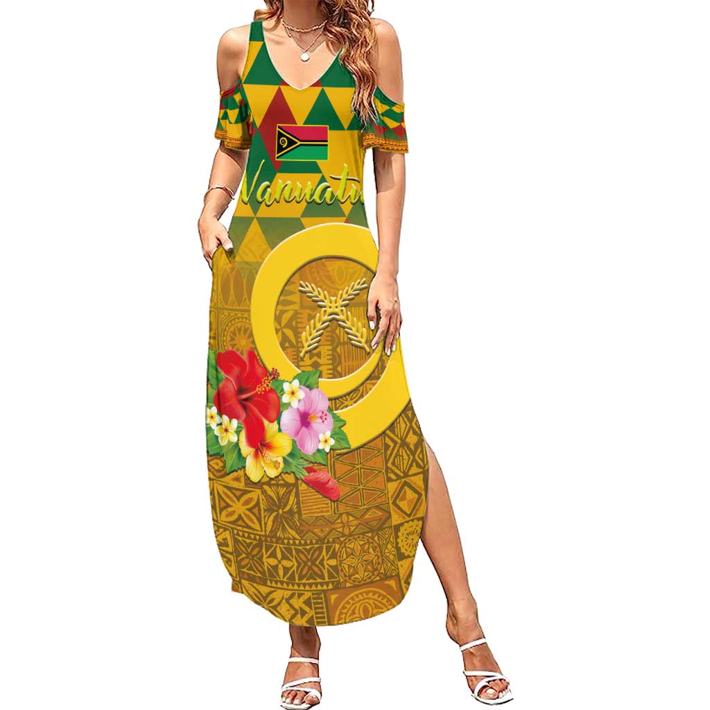 Melanesian Vanuatu Summer Maxi Dress With Tapa Tribal Pattern and Triangle Geometric Tricolor - Polynesian Pride
