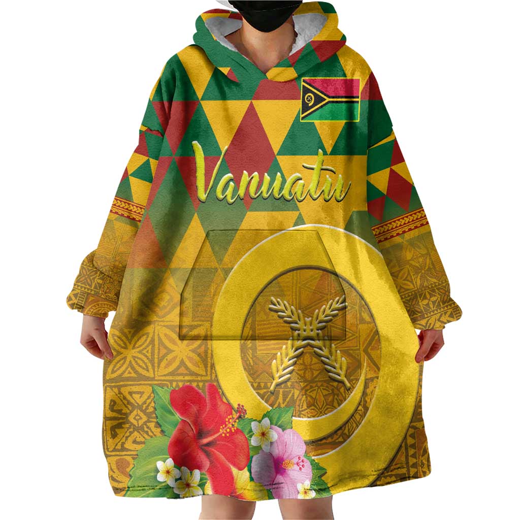 Melanesian Vanuatu Wearable Blanket Hoodie With Tapa Tribal Pattern and Triangle Geometric Tricolor - Polynesian Pride