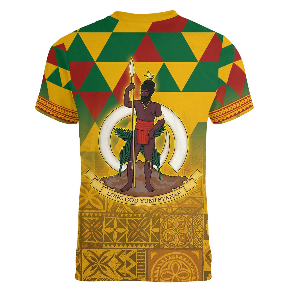 Melanesian Vanuatu Women V-Neck T-Shirt With Tapa Tribal Pattern and Triangle Geometric Tricolor - Polynesian Pride