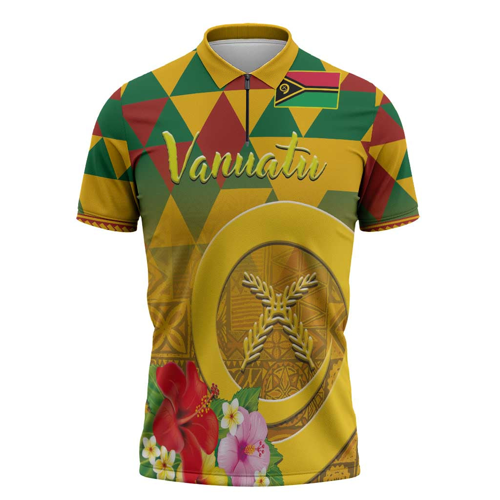 Melanesian Vanuatu Zipper Polo Shirt With Tapa Tribal Pattern and Triangle Geometric Tricolor LT03 Yellow - Polynesian Pride