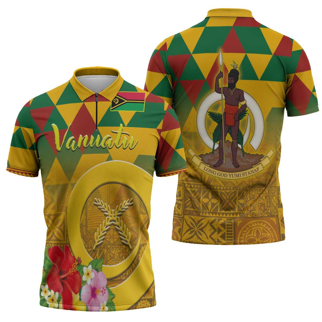 Melanesian Vanuatu Zipper Polo Shirt With Tapa Tribal Pattern and Triangle Geometric Tricolor LT03 - Polynesian Pride