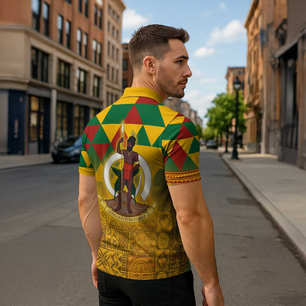 Melanesian Vanuatu Zipper Polo Shirt With Tapa Tribal Pattern and Triangle Geometric Tricolor LT03 - Polynesian Pride