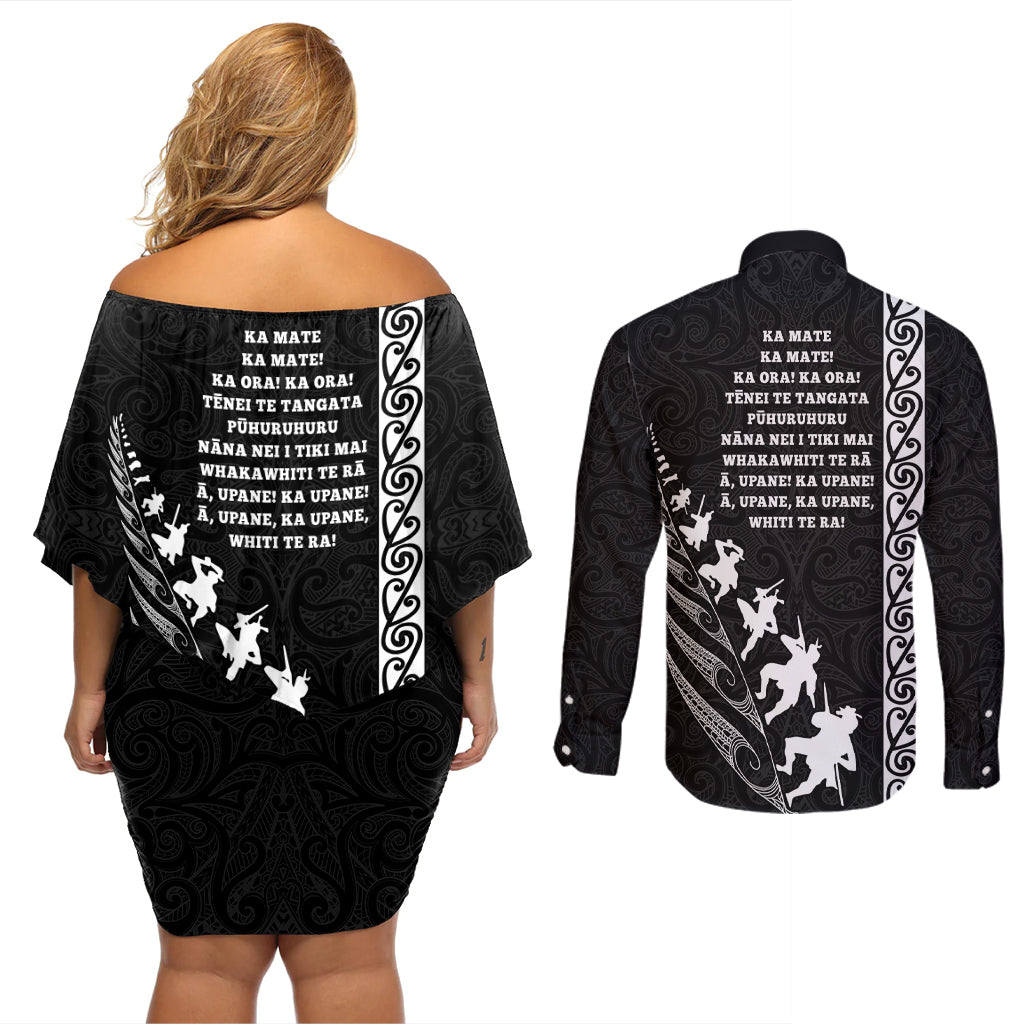 new-zealand-rugby-couples-matching-off-shoulder-short-dress-and-long-sleeve-button-shirts-haka-dance-tribal-god-mask-maori-pattern