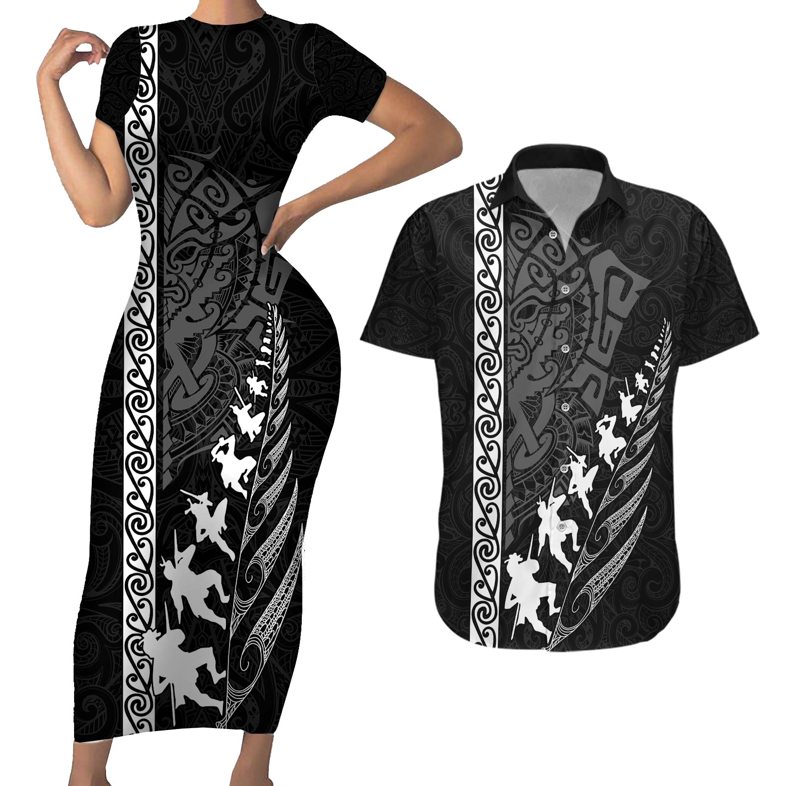 new-zealand-rugby-couples-matching-short-sleeve-bodycon-dress-and-hawaiian-shirt-haka-dance-tribal-god-mask-maori-pattern