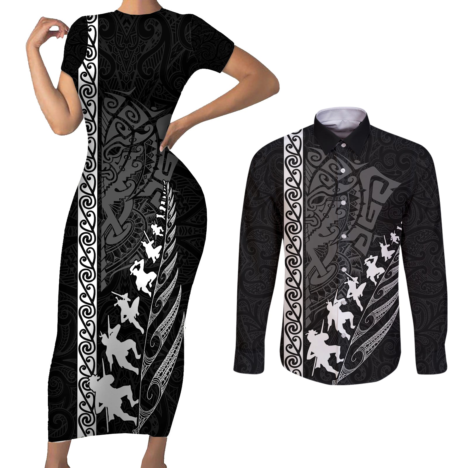 new-zealand-rugby-couples-matching-short-sleeve-bodycon-dress-and-long-sleeve-button-shirts-haka-dance-tribal-god-mask-maori-pattern