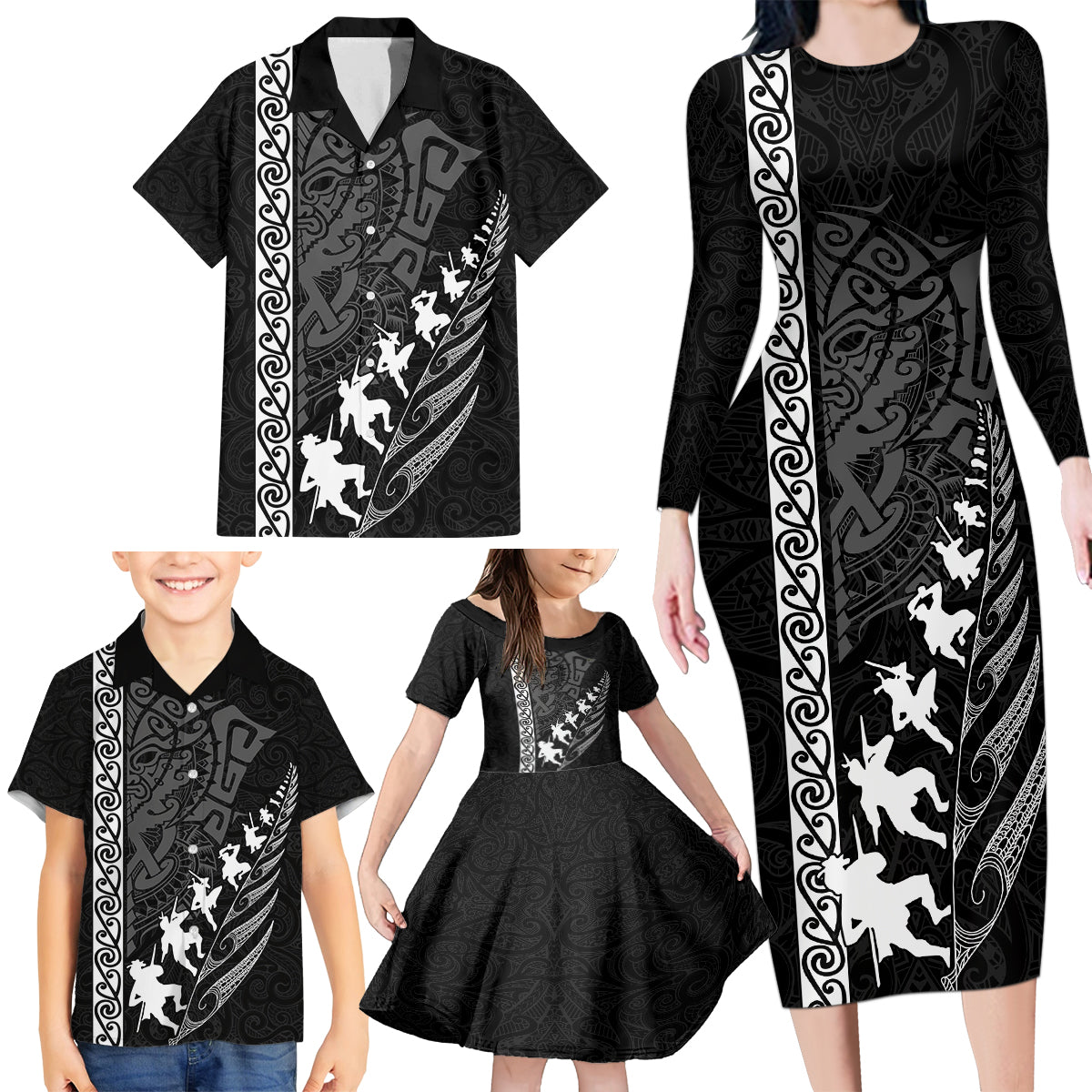 new-zealand-rugby-family-matching-long-sleeve-bodycon-dress-and-hawaiian-shirt-haka-dance-tribal-god-mask-maori-pattern