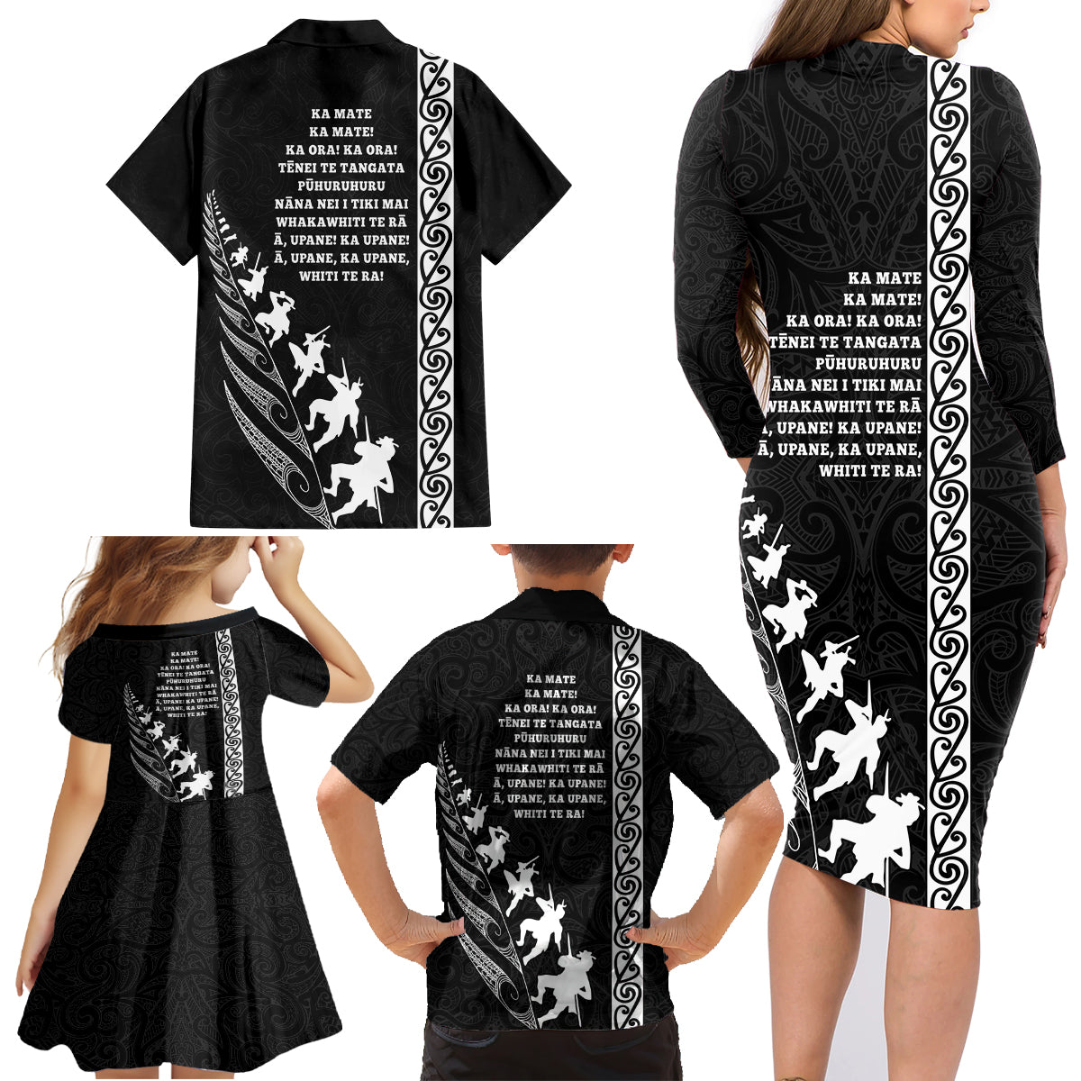 new-zealand-rugby-family-matching-long-sleeve-bodycon-dress-and-hawaiian-shirt-haka-dance-tribal-god-mask-maori-pattern
