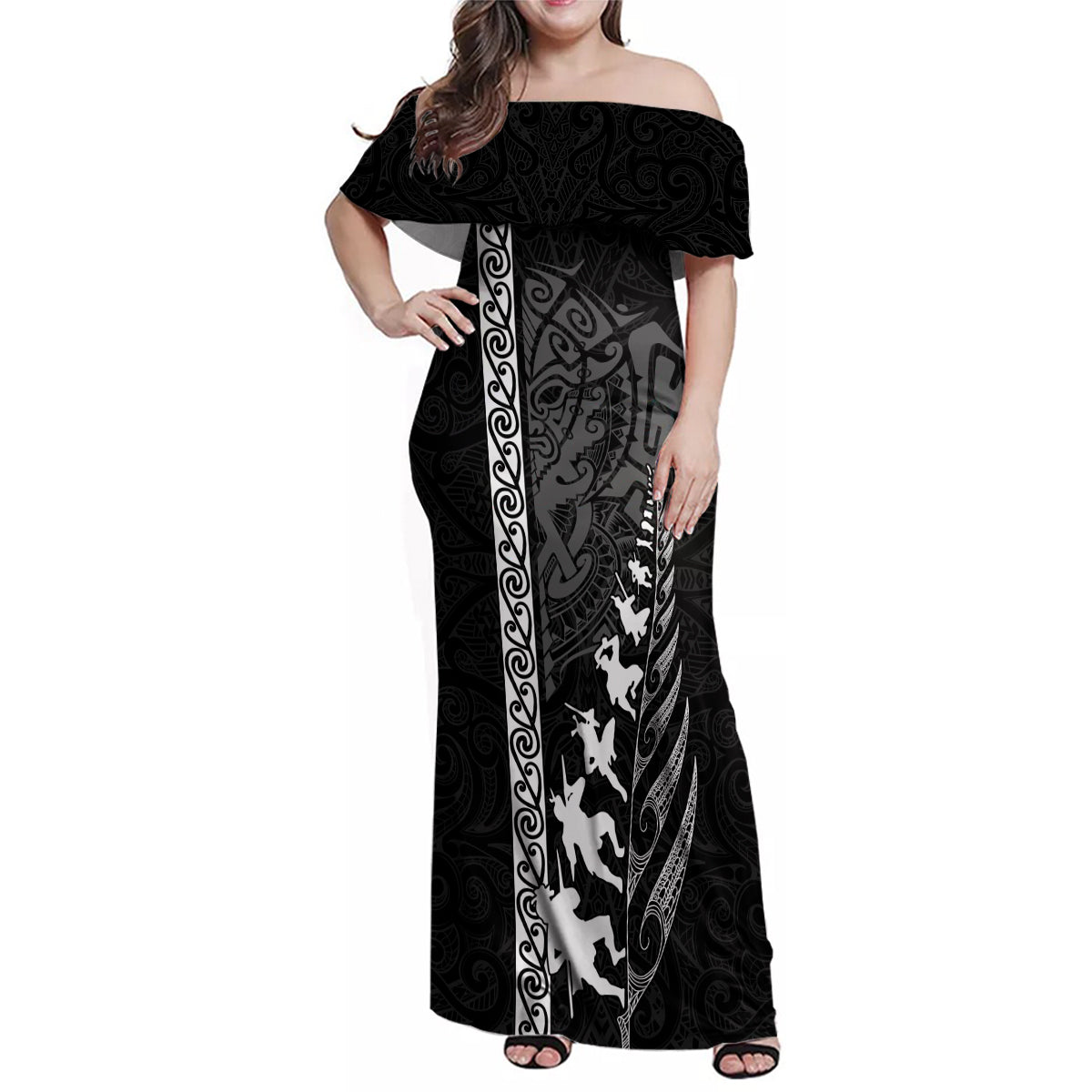 new-zealand-rugby-family-matching-off-shoulder-maxi-dress-and-hawaiian-shirt-haka-dance-tribal-god-mask-maori-pattern