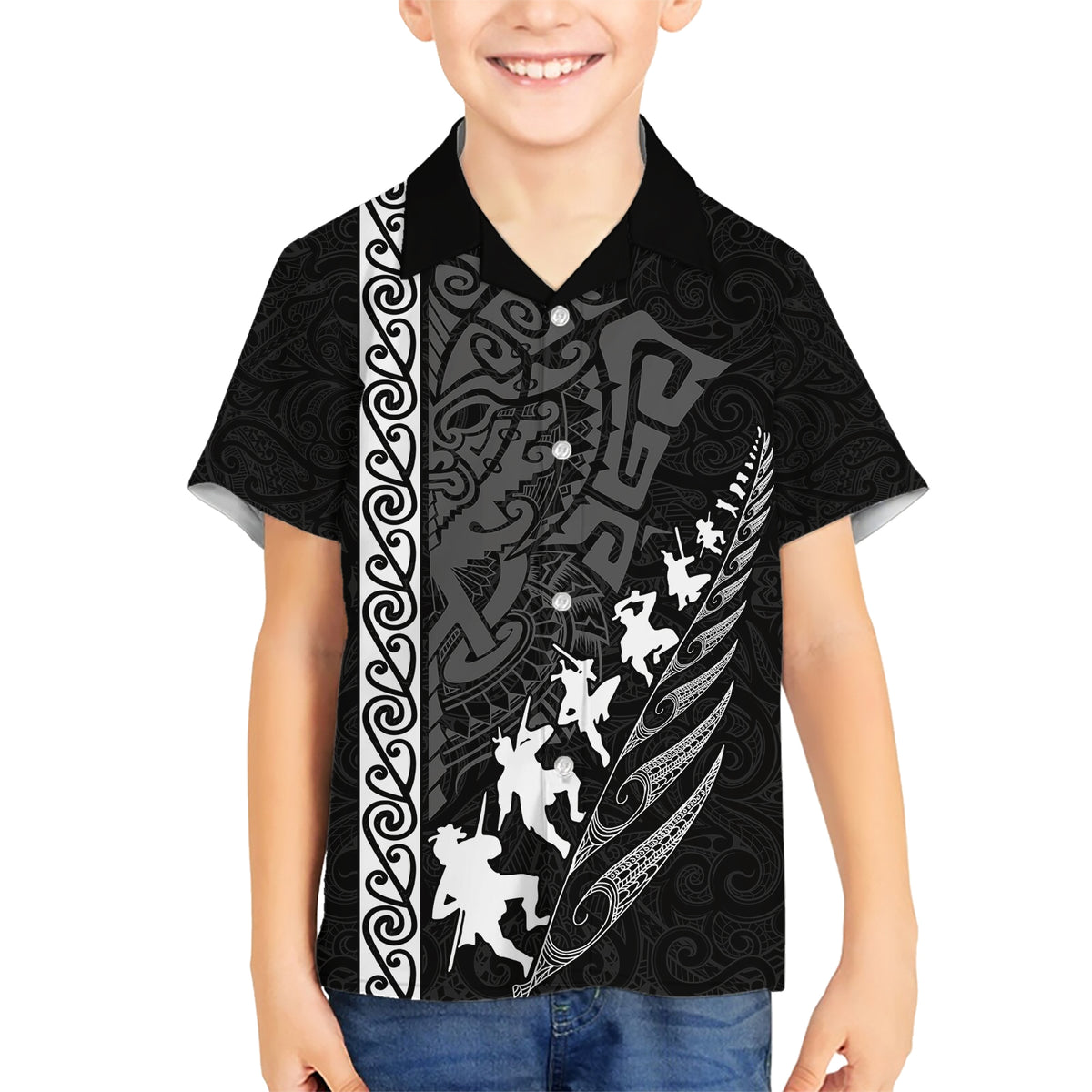 new-zealand-rugby-family-matching-short-sleeve-bodycon-dress-and-hawaiian-shirt-haka-dance-tribal-god-mask-maori-pattern