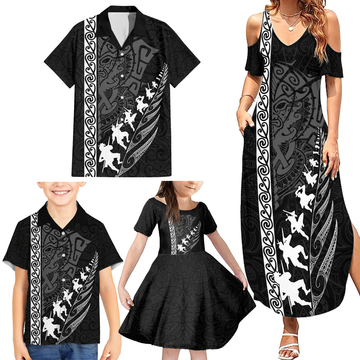 new-zealand-rugby-family-matching-summer-maxi-dress-and-hawaiian-shirt-haka-dance-tribal-god-mask-maori-pattern