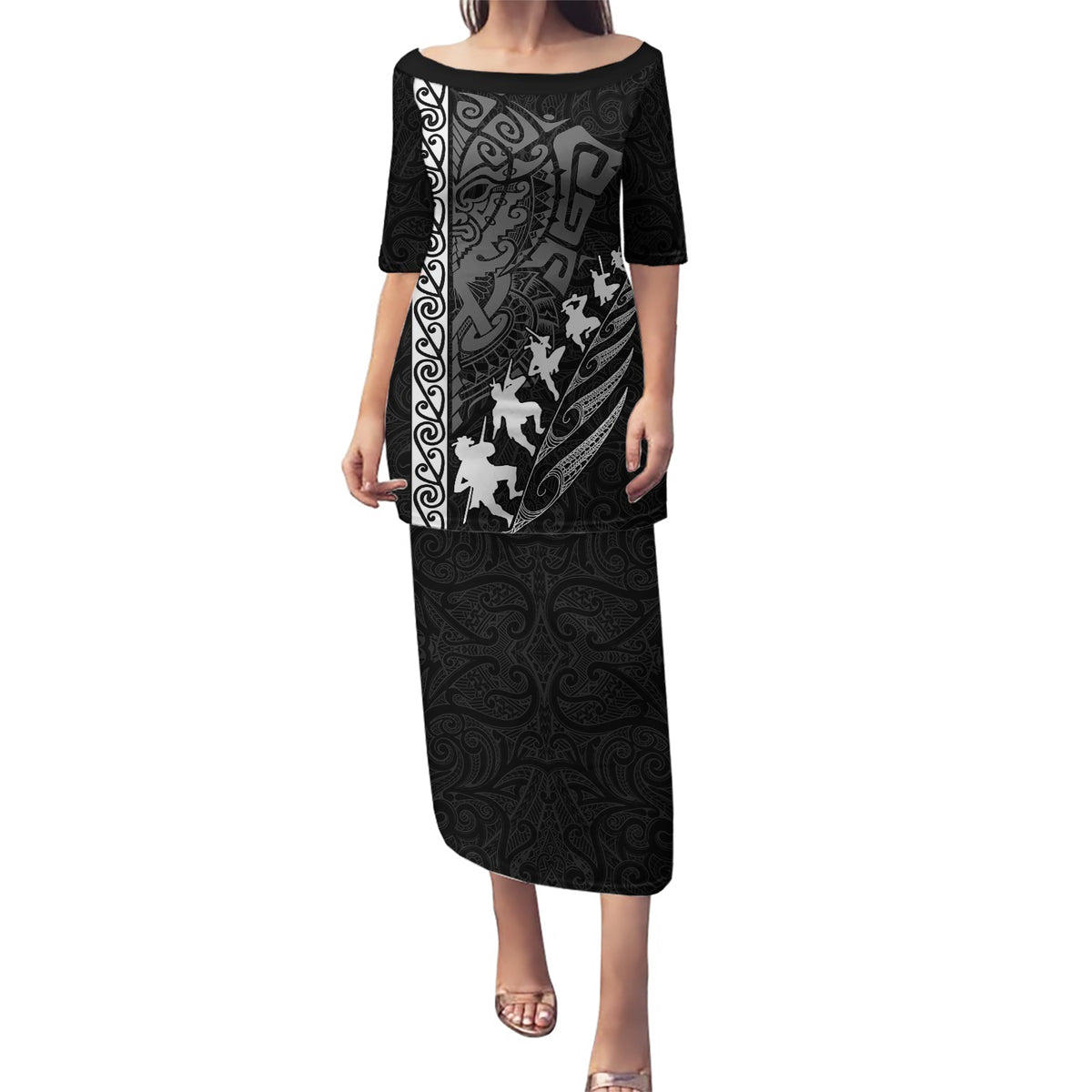 New Zealand Rugby Puletasi Haka Dance Tribal God Mask Maori Pattern LT03 Long Dress Black - Polynesian Pride