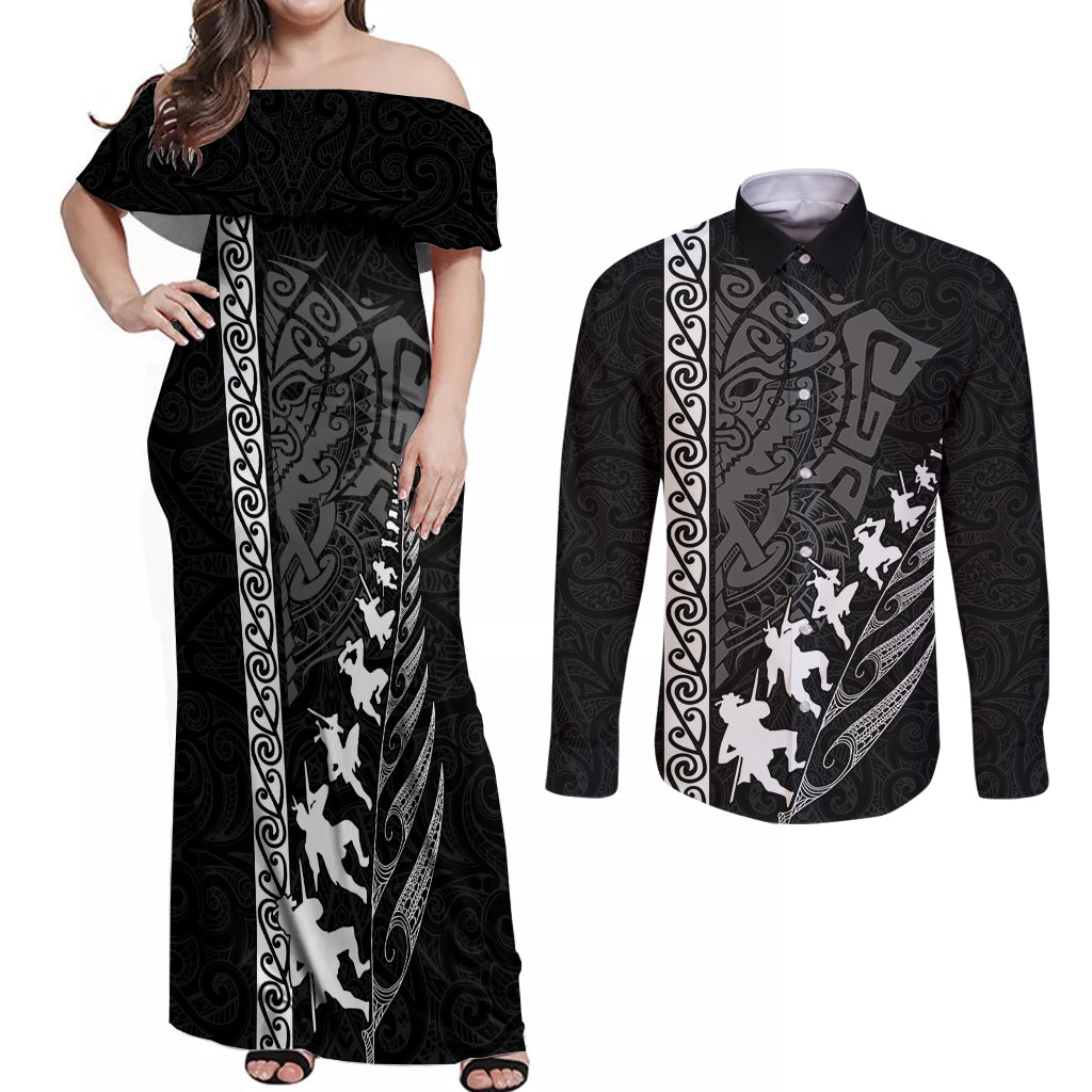 custom-new-zealand-rugby-couples-matching-off-shoulder-maxi-dress-and-long-sleeve-button-shirts-haka-dance-tribal-god-mask-maori-pattern