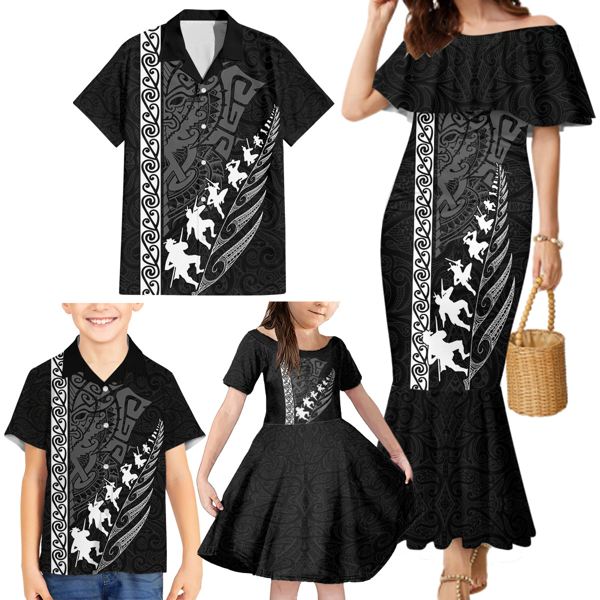 custom-new-zealand-rugby-family-matching-mermaid-dress-and-hawaiian-shirt-haka-dance-tribal-god-mask-maori-pattern