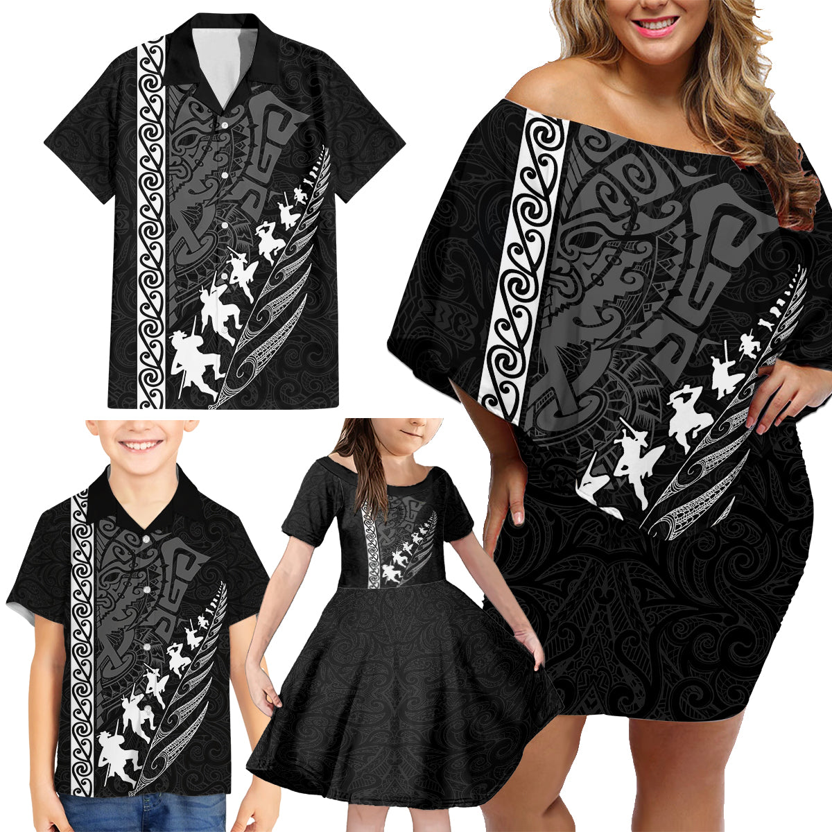 custom-new-zealand-rugby-family-matching-off-shoulder-short-dress-and-hawaiian-shirt-haka-dance-tribal-god-mask-maori-pattern