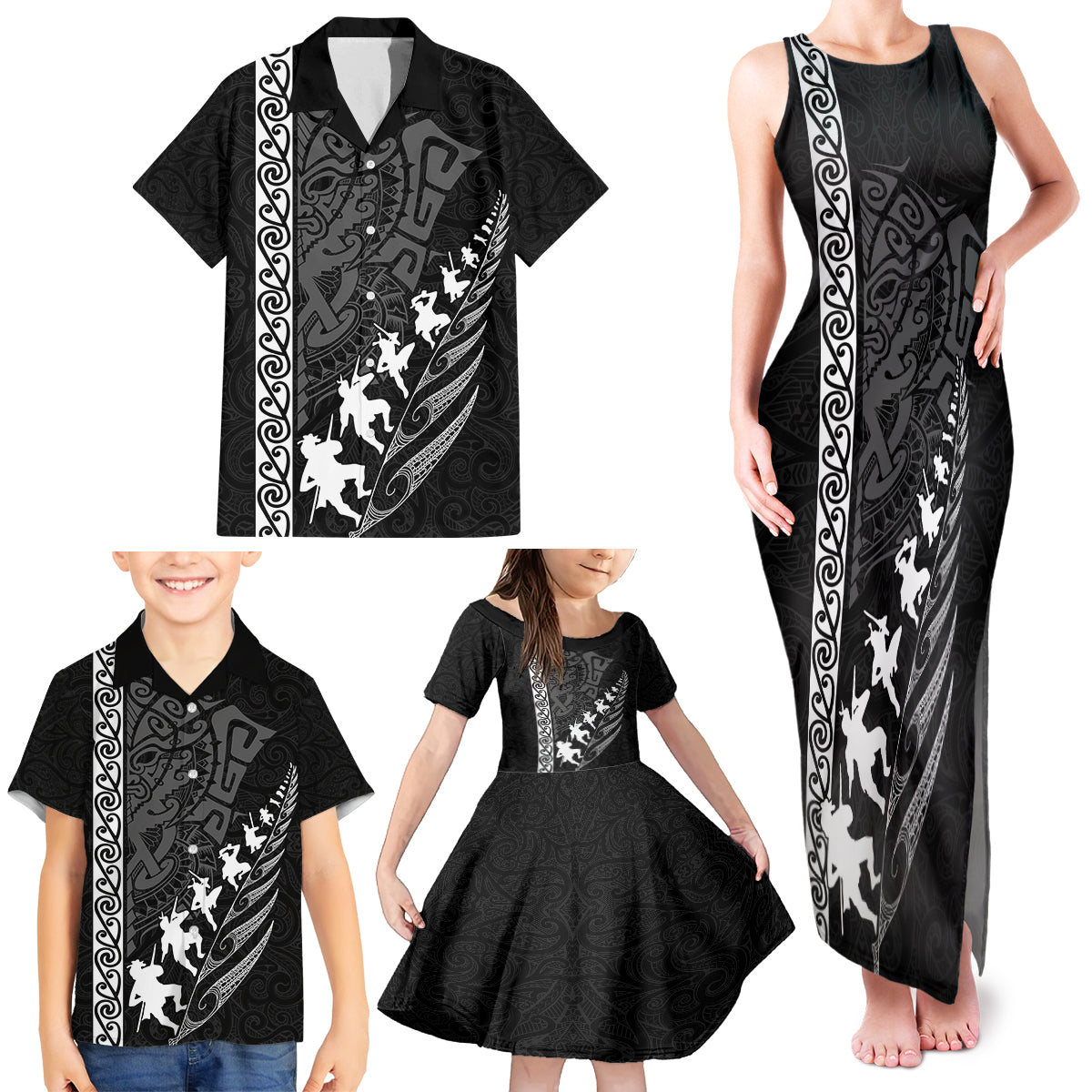 custom-new-zealand-rugby-family-matching-tank-maxi-dress-and-hawaiian-shirt-haka-dance-tribal-god-mask-maori-pattern