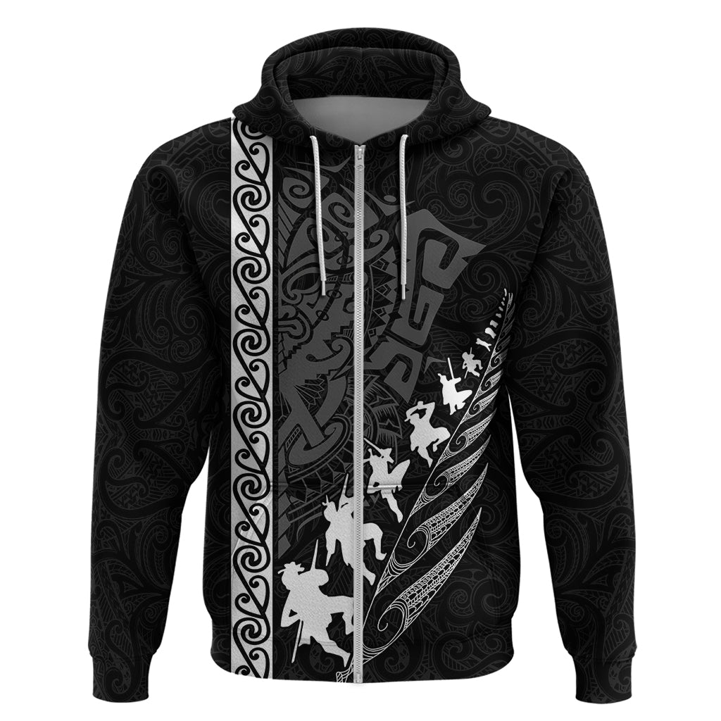 Custom New Zealand Rugby Hoodie Haka Dance Tribal God Mask Maori Pattern LT03 Zip Hoodie Black - Polynesian Pride
