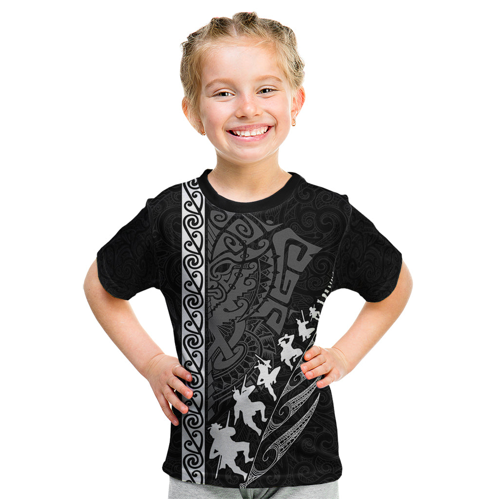 Custom New Zealand Rugby Kid T Shirt Haka Dance Tribal God Mask Maori Pattern LT03 Black - Polynesian Pride