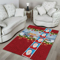 Merry Christmas Area Rug Funny Santa Claus Cards Photo and Polynesian Pattern Red Color