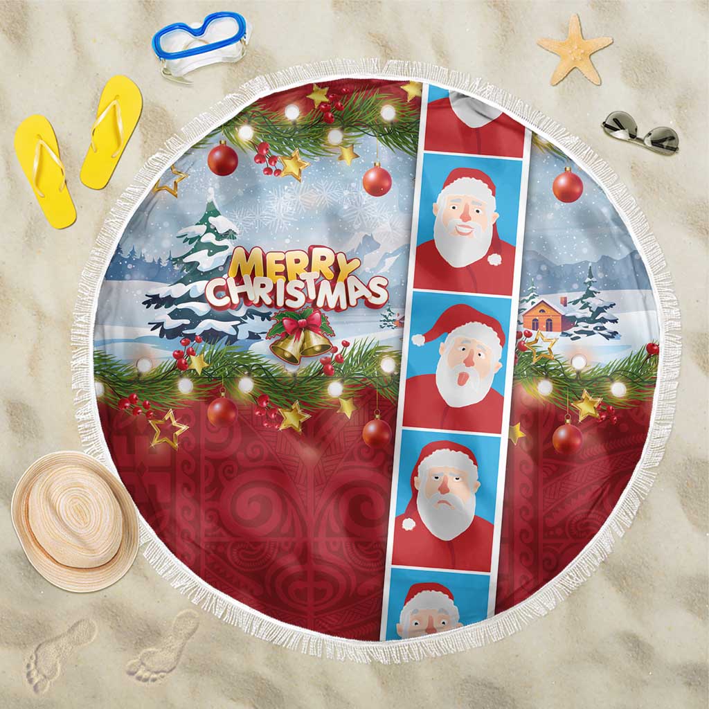 Merry Christmas Beach Blanket Funny Santa Claus Cards Photo and Polynesian Pattern Red Color