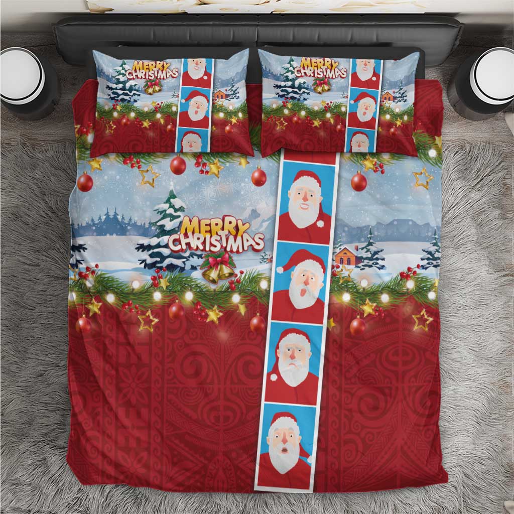 Merry Christmas Bedding Set Funny Santa Claus Cards Photo and Polynesian Pattern Red Color