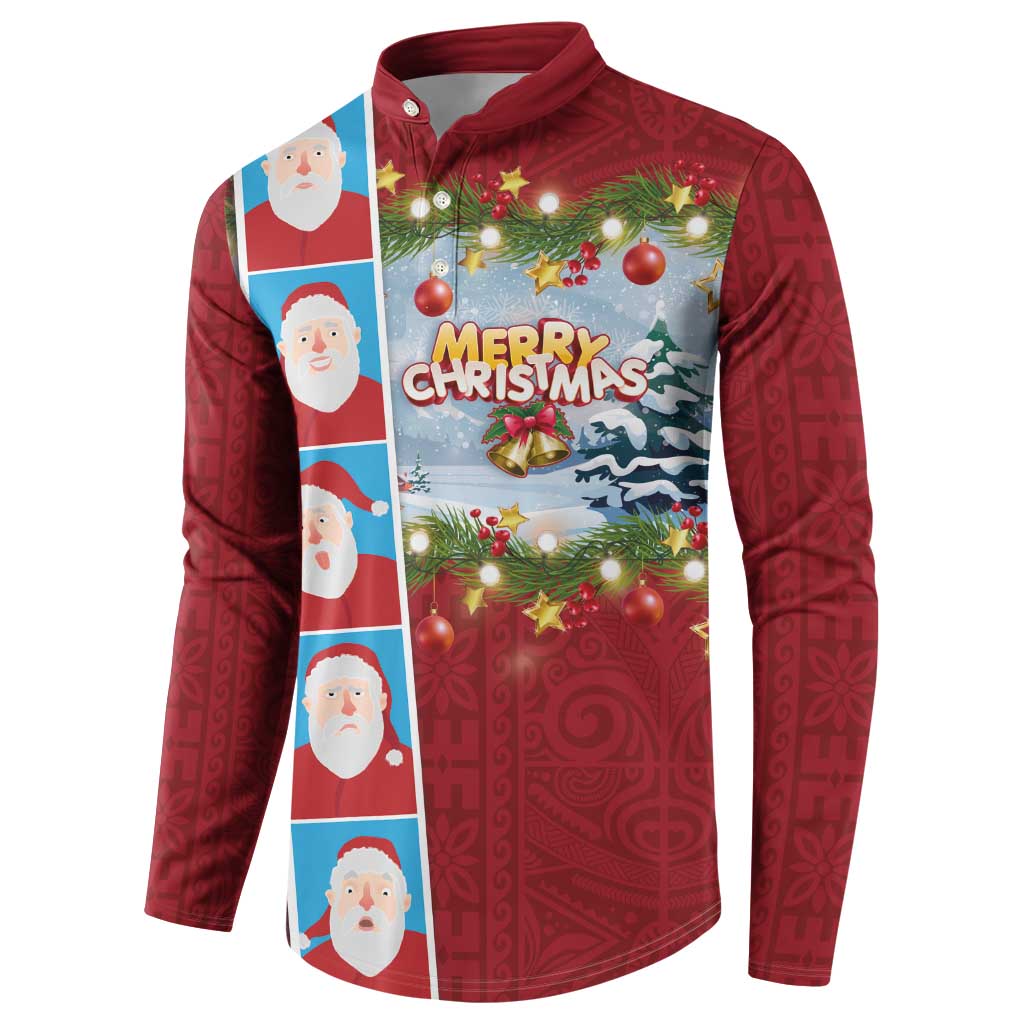 Merry Christmas Button Sweatshirt Funny Santa Claus Cards Photo and Polynesian Pattern Red Color LT03 - Polynesian Pride