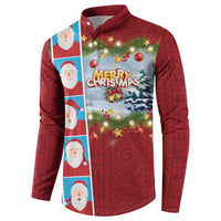 Merry Christmas Button Sweatshirt Funny Santa Claus Cards Photo and Polynesian Pattern Red Color LT03 - Polynesian Pride