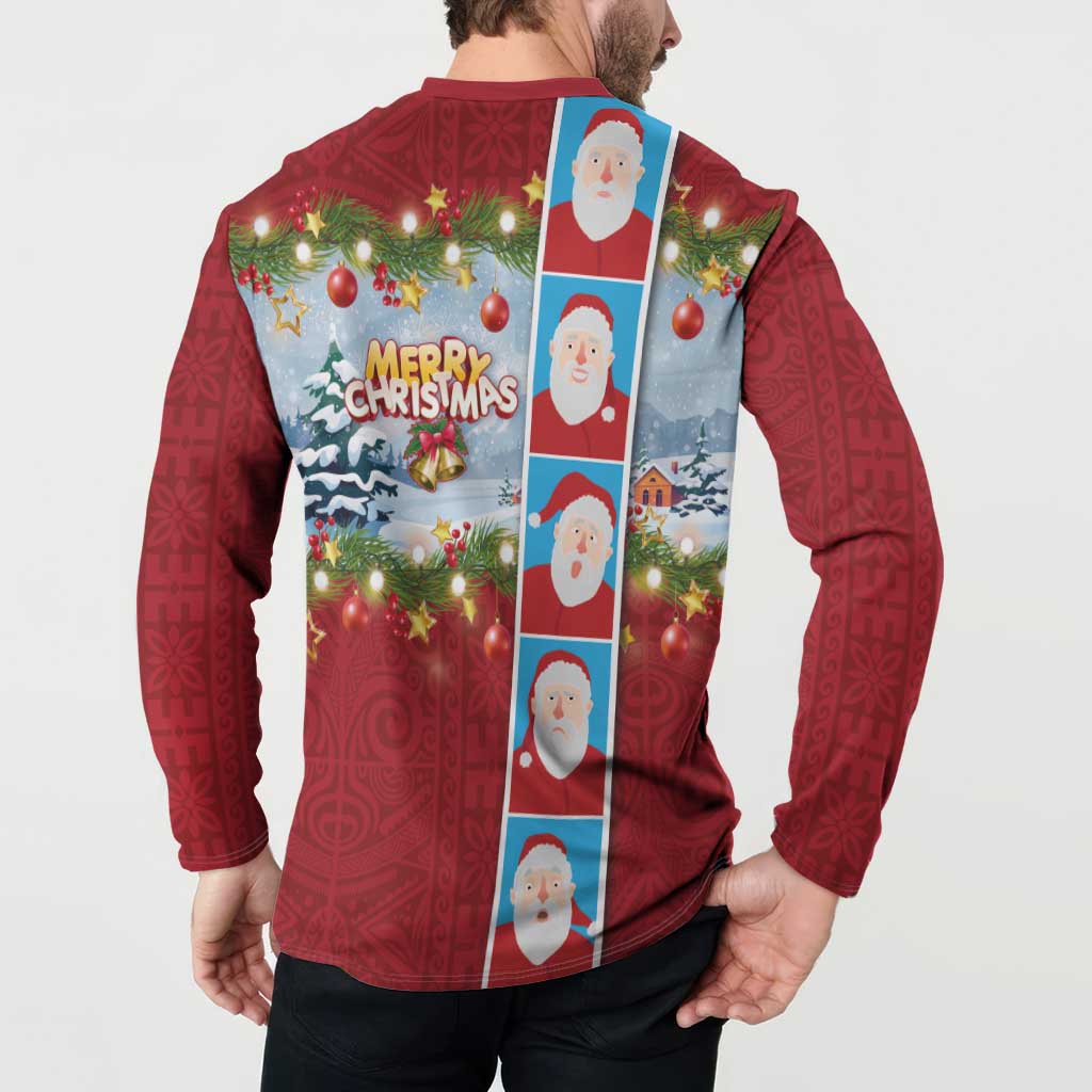 Merry Christmas Button Sweatshirt Funny Santa Claus Cards Photo and Polynesian Pattern Red Color LT03 - Polynesian Pride