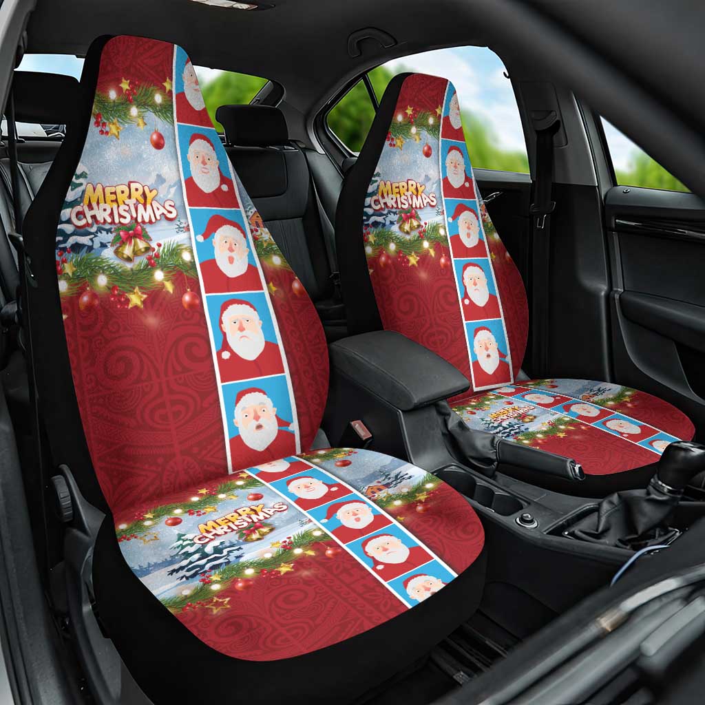 Merry Christmas Car Seat Cover Funny Santa Claus Cards Photo and Polynesian Pattern Red Color