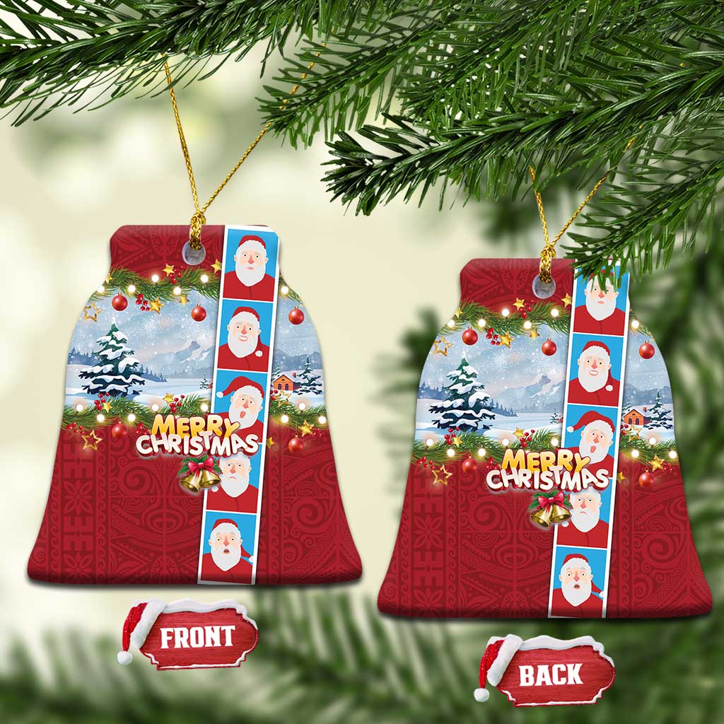 Merry Christmas Ceramic Ornament Funny Santa Claus Cards Photo and Polynesian Pattern Red Color LT03 Bell Flake Red - Polynesian Pride