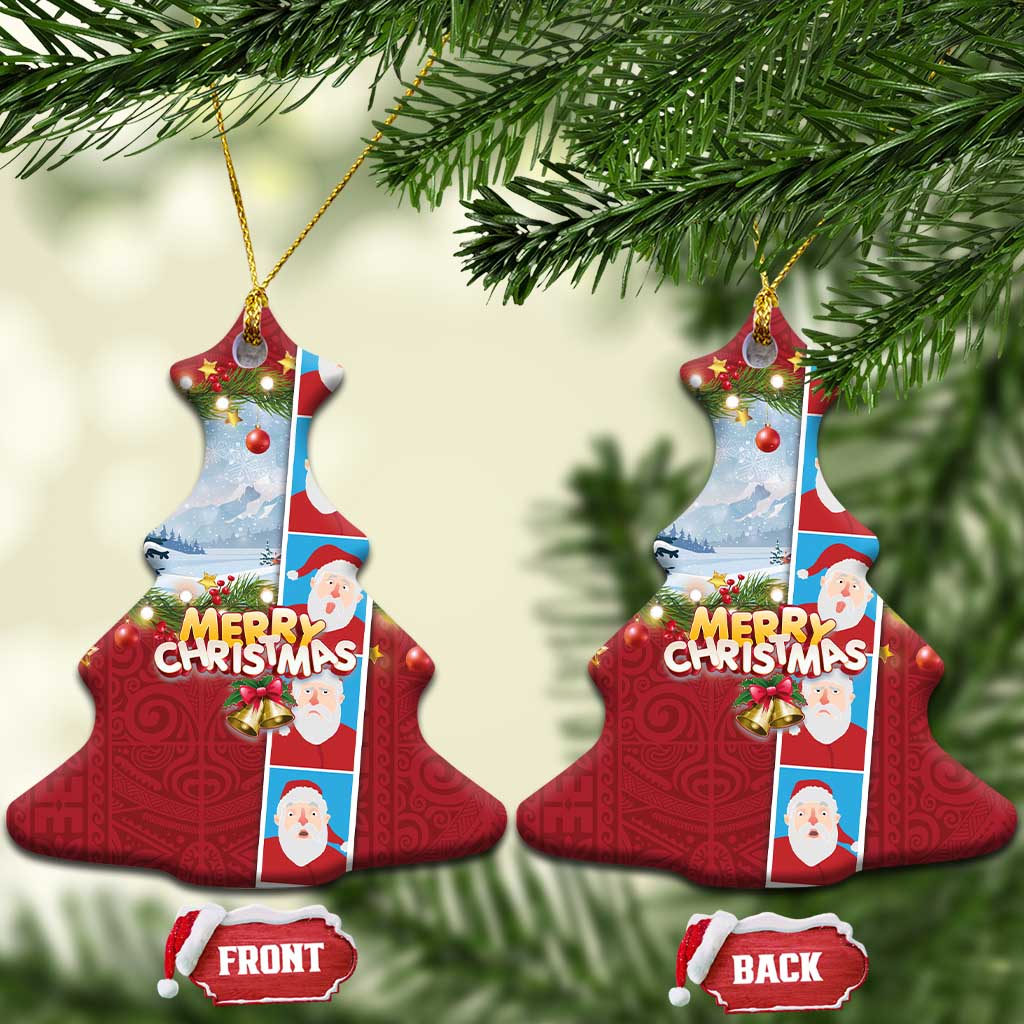 Merry Christmas Ceramic Ornament Funny Santa Claus Cards Photo and Polynesian Pattern Red Color LT03 Christmas Tree Red - Polynesian Pride