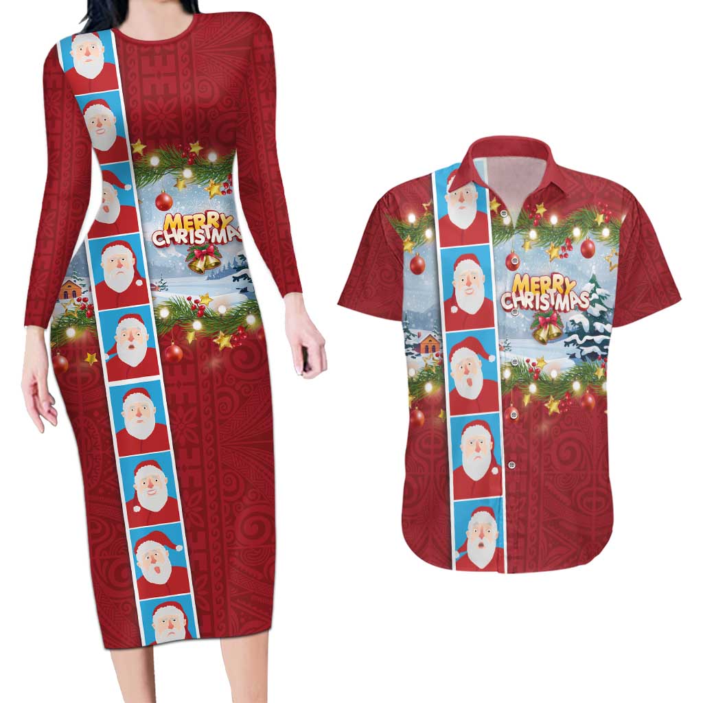 Merry Christmas Couples Matching Long Sleeve Bodycon Dress and Hawaiian Shirt Funny Santa Claus Cards Photo and Polynesian Pattern Red Color