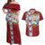 Merry Christmas Couples Matching Off Shoulder Maxi Dress and Hawaiian Shirt Funny Santa Claus Cards Photo and Polynesian Pattern Red Color