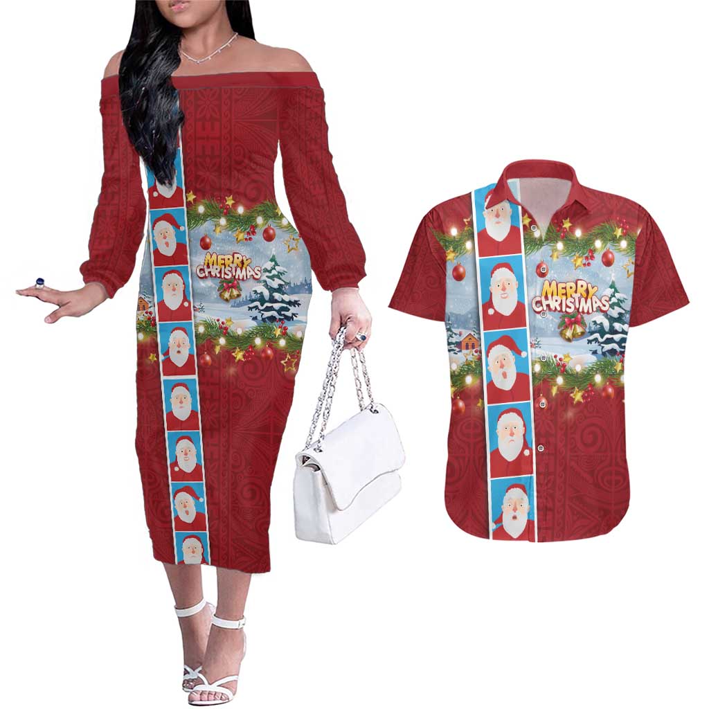 Merry Christmas Couples Matching Off The Shoulder Long Sleeve Dress and Hawaiian Shirt Funny Santa Claus Cards Photo and Polynesian Pattern Red Color