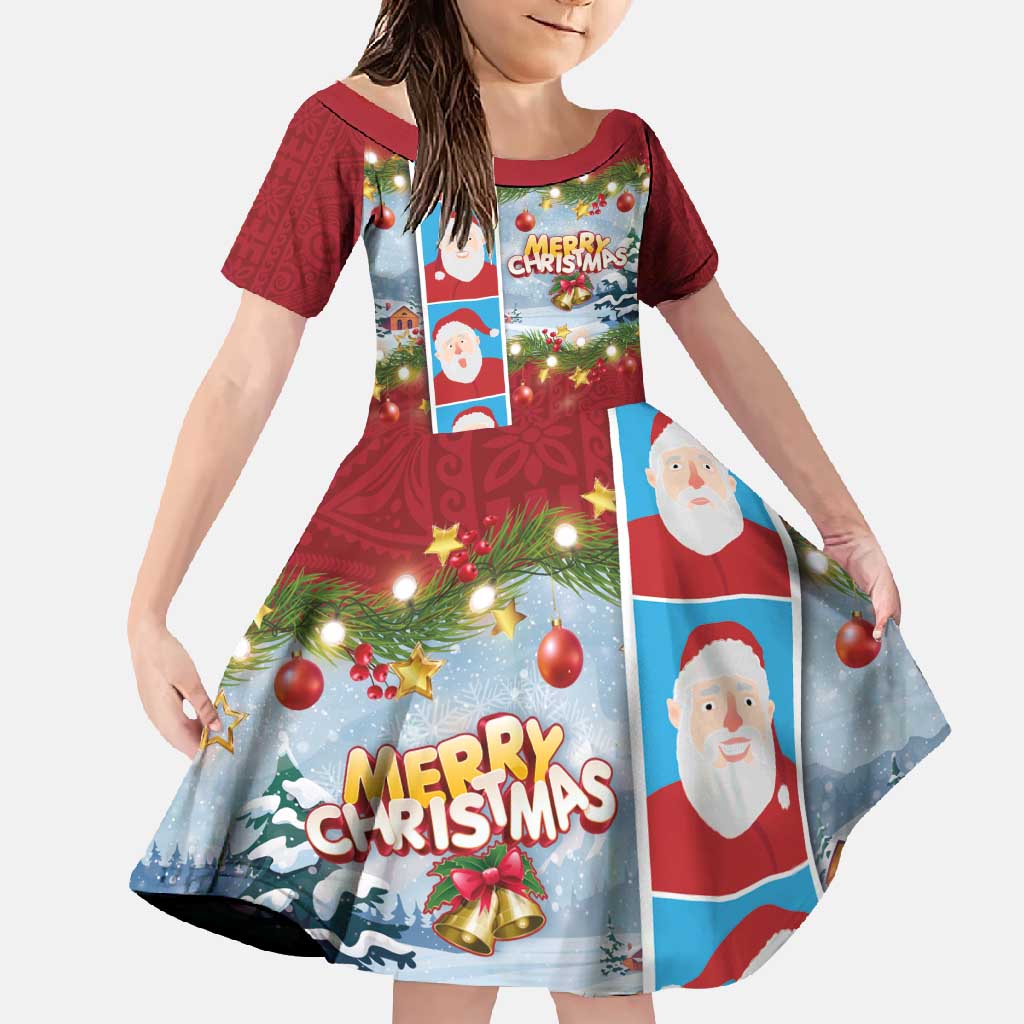Merry Christmas Family Matching Long Sleeve Bodycon Dress and Hawaiian Shirt Funny Santa Claus Cards Photo and Polynesian Pattern Red Color