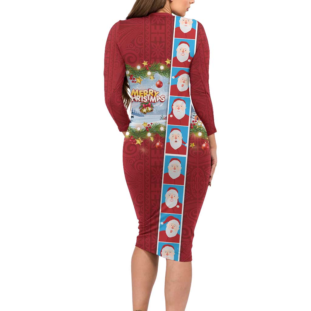 Merry Christmas Family Matching Long Sleeve Bodycon Dress and Hawaiian Shirt Funny Santa Claus Cards Photo and Polynesian Pattern Red Color